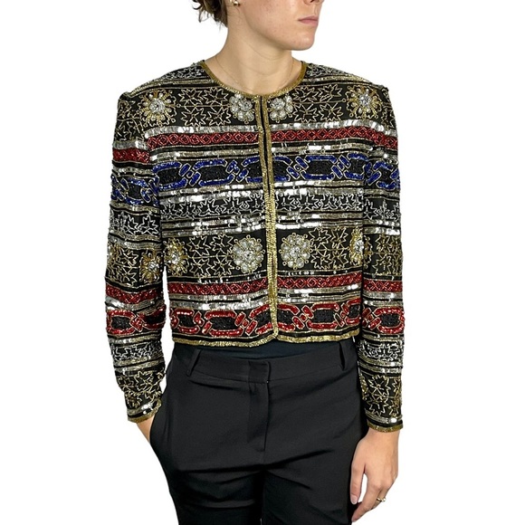 VINTAGE SILK EMBELLISHED BEADED SEQUIN STRIPE CROPPED EVENING JACKET NIGHT VOGUE - Picture 1 of 13